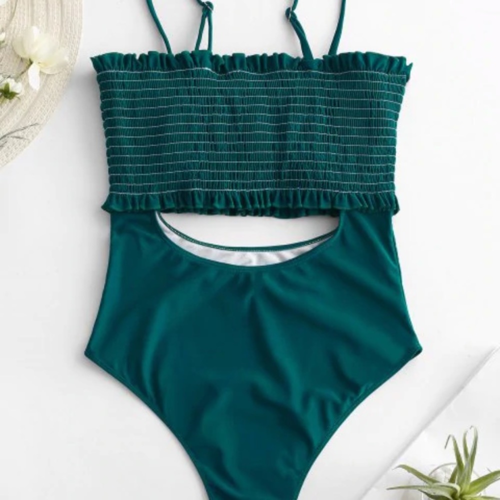 Peacock blue smocked grill cut out one piece